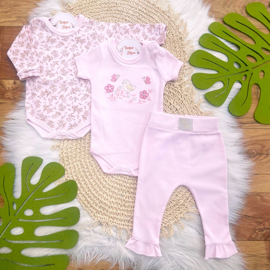 CONJ. DE MALHA 3 PEÇAS - Passarinho com Flores Bordadas - Rosa Bebê